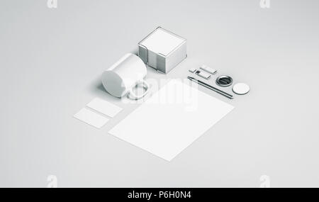 Leere weiße Büromaterial set Mock up isoliert, 3D-Rendering. Leere corporate branding Identität mockups Präsentation. Klar Raum arbeiten liefert Vorlage für Logo, isometrische Ansicht Elemente. Stockfoto