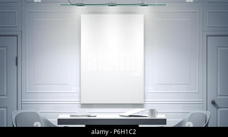 Weiß Büro Interieur mit leeren Plakat mockup an der Wand, 3D-Rendering. Helle leer Arbeit Tagungsraum vertikale Leinwand mock up, Schreibtisch, zwei Sessel. Klar Banner in hellen Arbeitsplatz Vorderansicht. Stockfoto
