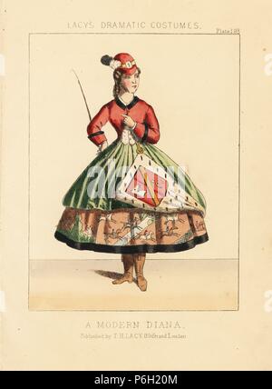 Ein modernes, Diana, viktorianischen Fancy Dress oder theatralischen Kostüm. Sie trägt ein rotes Jagd Mantel, Green Rock, Schild mit Pferd und Steigbügel auf Hermelin und Petticoat mit der Fuchsjagd Szene. Papierkörbe Lithographie von Thomas Hailes Lacy's 'weibliche Kostüme historischen, nationalen und Dramatische in 200 Platten", London, 1865. Lacy (1809-1873) war ein britischer Schauspieler, Dramatiker, theatralischen Manager und Verleger. Stockfoto