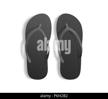 Paar leeren schwarzen Strand Hausschuhe, design Mockup, Freisteller, 3D-Darstellung. Home plain Flops mock up Vorlage Ansicht von oben. Klar Badewanne Sandale anzeigen. Bett Schuhe Zubehör Schuhe. Gummi Flipflops Stockfoto