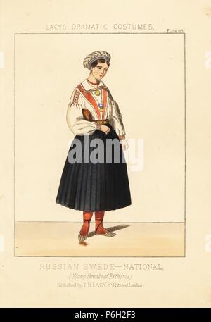 Junge Frau von Estland, Russische Schwede Tracht, 19. Papierkörbe Lithographie von Thomas Hailes Lacy's 'weibliche Kostüme historischen, nationalen und Dramatische in 200 Platten", London, 1865. Lacy (1809-1873) war ein britischer Schauspieler, Dramatiker, theatralischen Manager und Verleger. Stockfoto