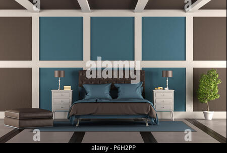 Braun und Blau Leder Master Schlafzimmer mit Doppelbett - 3D-Rendering Stockfoto