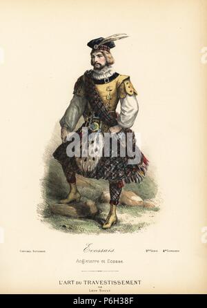 Schotte im Kilt und sporran, 19. Papierkörbe Lithographie von A.E. nach einem Entwurf von Leo Sault von 'L'Art du Travestissement" (Die Kunst des Fancy Dress), Paris, c 1880. Sault war ein Theater und Oper designer und Luxus Mode Magazin Verlag. Stockfoto