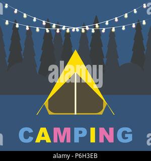Camping Vector Illustration Nacht Camping im Wald mit Zelt, Girlanden und copy Space Design Template für Tourismus Poster und Banner Stock Vektor