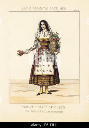 Junge Frau von Korfu mit Korb mit Blumen, 19. Papierkörbe Lithographie von Thomas Hailes Lacy's 'weibliche Kostüme historischen, nationalen und Dramatische in 200 Platten", London, 1865. Lacy (1809-1873) war ein britischer Schauspieler, Dramatiker, theatralischen Manager und Verleger. Stockfoto