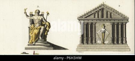 Statue des Zeus in Olympia 2, und der Tempel der Artemis von Ephesus 3. Papierkörbe Kupferstich nach Christiane Henriette Dorothea Westermayr von Johann Friedrich Bertuch's Bilderbuch pelz Kinder (Bilderbuch für Kinder), Weimar, 1792. Stockfoto