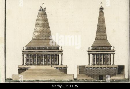 Das Mausoleum von Halikarnassos oder das Grabmal des Mausolos 2,3, gebaut von fünf Architekten Scopas, Bryaxis, Timotheus, Leochares und Pythis. Papierkörbe Kupferstich von Johann Friedrich Bertuch's Bilderbuch pelz Kinder (Bilderbuch für Kinder), Weimar, 1792. Stockfoto