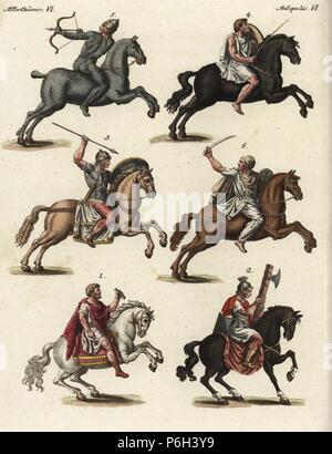 Römische General 1, fasces Inhaber2, Römische Kavallerie 3, Numidischen Kavallerie 4, Reiter und Pferd in der Klage von schuppenpanzer 5, und Dacian Kavallerie 6. Papierkörbe Kupferstich von Johann Friedrich Bertuch's Bilderbuch pelz Kinder (Bilderbuch für Kinder), Weimar, 1795. Stockfoto