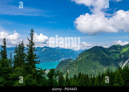 Blick von oben auf einem Berg zu einem See namens Wolfgangsee in Österreich mit Bergen im Hintergrund und Wolken am Himmel und Bäumen vor Stockfoto