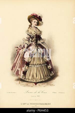 Frau der Hof von König Ludwig XVI. von Frankreich, 18. Sie trägt ein Taft, Mantel, musselin Fichu, satin Unterkleider, mit Bändern und Schleifen dekoriert. Papierkörbe Lithografie nach einem Entwurf von Leon Sault von 'L'Art du Travestissement" (Die Kunst des Fancy Dress), Paris, c 1880. Sault war ein Theater und Oper designer und Luxus Mode Magazin Verlag. Stockfoto