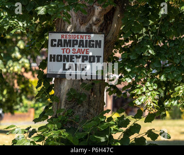 Protest Plakate gegen Greenbelt Entwicklung durch lokale Bewohner über den geplanten Bau von 250 Wohnungen auf einem greenbelt Website in Brentwood, Essex Stockfoto