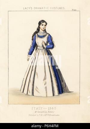 Französische Sopranistin Marie Caroline Miolan-Carvalho als Julia in Charles Gounods "Romeo und Julia", 1867, in der Frau Kostüm von Italien, 1360. Papierkörbe Lithographie von Thomas Hailes Lacy's 'weibliche Kostüme historischen, nationalen und Dramatische in 200 Platten", London, 1865. Lacy (1809-1873) war ein britischer Schauspieler, Dramatiker, theatralischen Manager und Verleger. Stockfoto