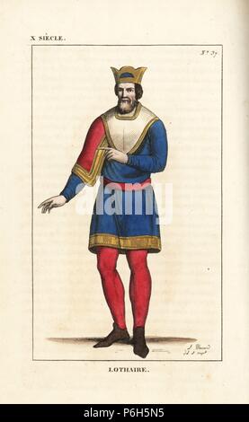 Lothar, Caroligian König von West Francia, 941-968. Er trägt eine Krone und eine einzigartige Frisur, kurze Tunika mit Gold, Strümpfe und Schuhe aus Leder eingefasst. Von einem prayerbook der Königin Emma, Gefährtin Lothar nach Montfaucon. Papierkörbe Kupferplatte gezeichnet und von Leopold Massard vom "französischen Kostüme von König Chlodwig bis in unsere Tage eingraviert, "Massard, Mifliez, Paris, 1834. Stockfoto