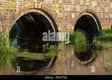 Spetisbury Dorset England Juni 30, 2018 Alte Steinbrücke über den Fluss Stour Stockfoto