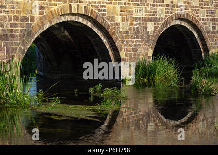 Spetisbury Dorset England Juni 30, 2018 Alte Steinbrücke über den Fluss Stour Stockfoto