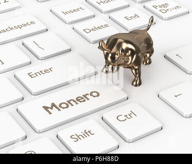 3D-Render von Computer Tastatur mit Monero button und Stier. Cryptocurrencies Konzept. Stockfoto