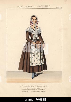 Mlle. Als Savoyer Orgel Mädchen in Gaetano Donizettis Oper "Linda von Chamouni" (Linda di Chamounix), 1843 Clarisse. Clarisse war eine berühmte Französische Balletttänzerin. Papierkörbe Lithographie von Thomas Hailes Lacy's 'weibliche Kostüme historischen, nationalen und Dramatische in 200 Platten", London, 1865. Lacy (1809-1873) war ein britischer Schauspieler, Dramatiker, theatralischen Manager und Verleger. Stockfoto