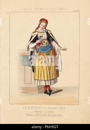 Junge Frau von Dänemark in Tracht, 19. Schal, Hut, Umhang mit einer goldenen Kette, Jacke, Schärpe, Schürze, und Petticoats. Papierkörbe Lithographie von Thomas Hailes Lacy's 'weibliche Kostüme historischen, nationalen und Dramatische in 200 Platten", London, 1865. Lacy (1809-1873) war ein britischer Schauspieler, Dramatiker, theatralischen Manager und Verleger. Stockfoto