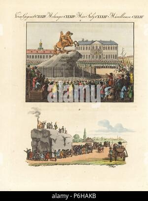 Reiterstandbild von Peter dem Großen in St. Petersburg. Die enthüllungsfeier vor der Kaiserin Katharina II. im Jahre 1782, und die Methode der Transport der riesigen Granit Stein auf einen Gürtel mit Metallkugeln. Papierkörbe Kupferstich von bertuch's 'Bilderbuch pelz Kinder" (Bilderbuch für Kinder), Weimar, 1807. Johann Friedrich Bertuch (1747-1822) war ein deutscher Verleger und Mann der Künste berühmt für seine 12-Band Enzyklopädie für Kinder mit 1.200 illustrierte gravierte Schilder auf natürliche Geschichte, Wissenschaft, Kostüm, Mythologie usw. Von 1790-1830 veröffentlicht. Stockfoto