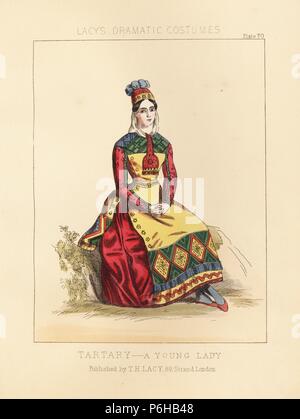 Kostüm einer jungen Zahnstein Frau, 19. Jahrhundert. Papierkörbe Lithographie von Thomas Hailes Lacy's 'weibliche Kostüme historischen, nationalen und Dramatische in 200 Platten", London, 1865. Lacy (1809-1873) war ein britischer Schauspieler, Dramatiker, theatralischen Manager und Verleger. Stockfoto