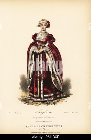 Englisch edle Frau, die Ära von König Henry VIII, 15. Jahrhundert. Papierkörbe Lithografie nach einem Entwurf von Leon Sault von 'L'Art du Travestissement" (Die Kunst des Fancy Dress), Paris, c 1880. Sault war ein Theater und Oper designer und Luxus Mode Magazin Verlag. Stockfoto