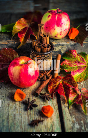 Herbstliches kochen Konzept mit reife Äpfel und Gewürze für Kreis wie ein zimtstangen und anose Stern auf Holztisch mit leuchtend gelbe und rote Blätter Stockfoto