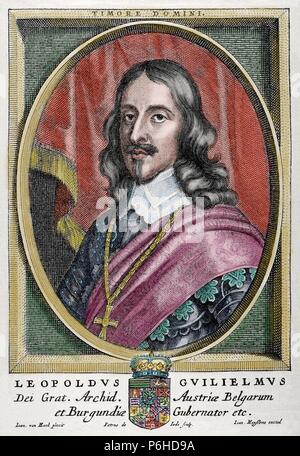 Erzherzog Leopold Wilhelm von Österreich (1614 âA i 1662) Österreichische militärische Befehlshaber, Statthalter der spanischen Niederlande von 1647 bis 1656, und Mäzen der Künste Engrving von Pedro del Diode. Von der Malerei von Juan Van Hoeck (1598-1651). Historia Universal, 1885. Gefärbt. Stockfoto