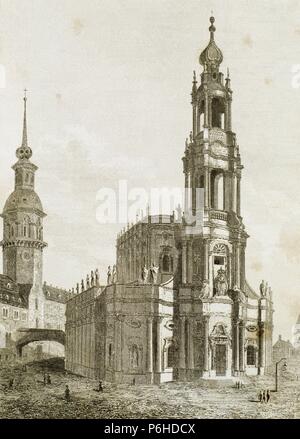 Deutschland. Dresden. Kathedrale der Heiligen Dreifaltigkeit. Erbaut zwischen 1739 und 1751 des italienischen Barock-Architekten Gaetano Chiaveri (1689-1770). Gravur. Stockfoto