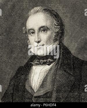 Thomas Babington Macaulay, 1. Baron Macaulay, (1800-1859). Der britische Historiker und Whig Politiker. Kupferstich von F. in der Knolle. Historia Universal, 1885. Stockfoto