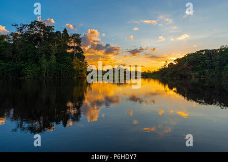 Sonnenuntergang im Amazonas Regenwald Becken mit einer Reflexion in einer Lagune auf dem Napo Fluss verbunden in den Yasuni Nationalpark, Ecuador. Stockfoto
