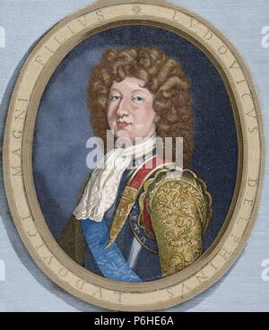 Ludwig von Frankreich (1661-1711). Prinz von Frankreich. Kupferstich von R. Heinkel. Universalgeschichte, 1885. Farbige. Stockfoto