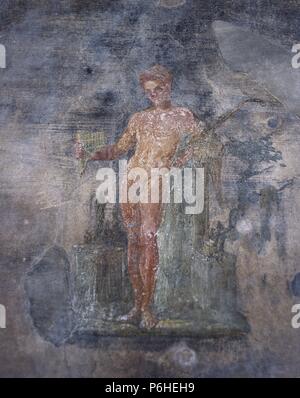 Italien. Pompeji. Haus der Vettii. Junger Mann beim Flötenspiel. 1. Jahrhundert n. Chr. Stockfoto