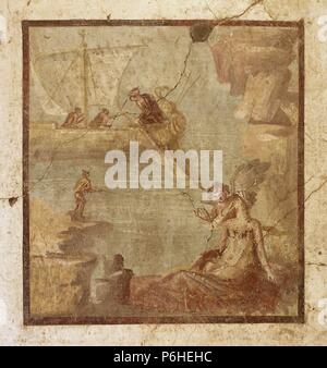 Italien. Pompeji. Villa von der Vettii. 1. Jahrhundert n. Chr.. Fresko mit Schiff, Fisher, Frau und Putto. Stockfoto