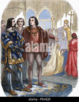 Louis XI (1423-1483). König von Frankreich. Die Ehe von Ludwig XI. von seiner ersten Frau, Margarete von Schottland (1424-1445). Gravur. Gefärbt. Stockfoto