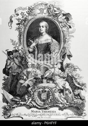 Maria Theresia (1717-1780), Erzherzogin von Deutschland, Königin von Ungarn und Böhmen. Porträt. Kupferstich von de Petit, 1743. Kupferstich von Germania, 1882. Stockfoto