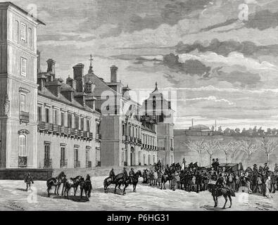 Alfonso XII von Spanien (1857-1885) und die Königin Gemahlin Maria Christina von Österreich (1857 – 1885), Ankunft am königlichen Palast von El Pardo. Kupferstich von Rico. La Ilustracion Espanola y Americana, 1879. Stockfoto