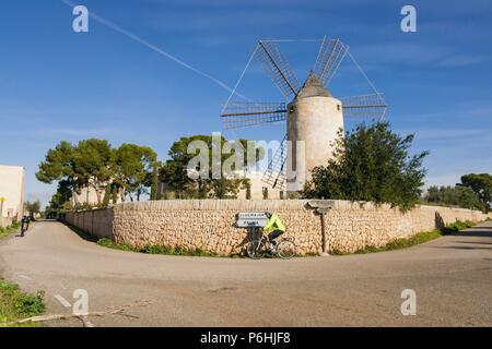 Molino y Torre gotica, Sa Torre, documentada en época musulmana Como alquería al-Borge, Llucmajor, Mallorca, Balearen, Spanien, Europa. Stockfoto