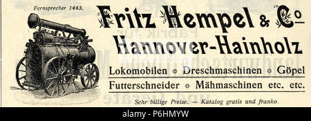 1908 circa Werbung Fritz Hempel & Co Hannover Hainholz Lokomobilien Dreschmaschinen Göpel Futterschneider Mähmaschine. Stockfoto