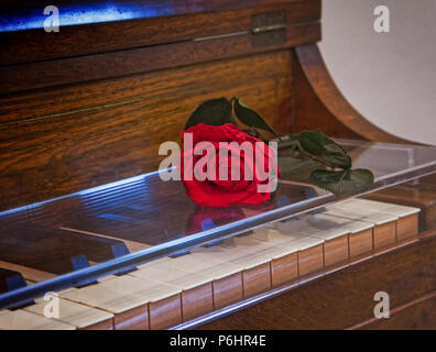 Eine Rose liegt auf der Tastatur des Klavier von Frédéric Chopin im Museum im Kloster Valldemossa, Mallorca, wo Chopin verbrachte Zeit in 1838-39 Stockfoto