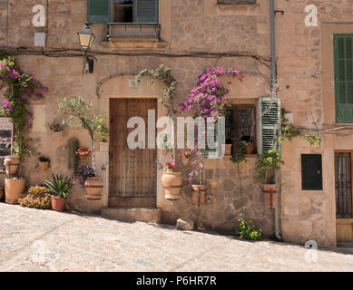 Tür zur Straße mit Blumen, Valldemossa, Mallorca. Stockfoto