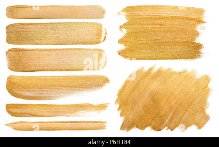 Satz von Aquarell goldene Flecken auf einem weißen Hintergrund. Von Hand bemalt shining Pinselstriche für Ihr Projekt Stockfoto