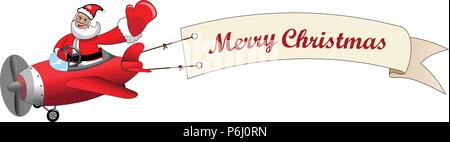 Weihnachtsmann Cartoon zu fliegenden Flugzeug mit frohe Weihnachten Nachricht banner isoliert Stock Vektor