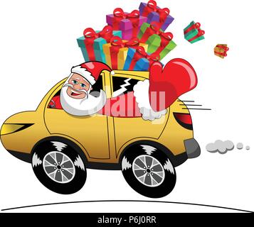 Santa Claus in Eile Auto voller Weihnachtsgeschenk isoliert Stock Vektor