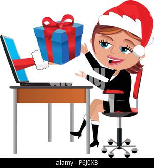 Santa Claus Arm aus dem Bildschirm präsentieren die Mitarbeiter im Büro Schreibtisch arbeiten isoliert Stock Vektor