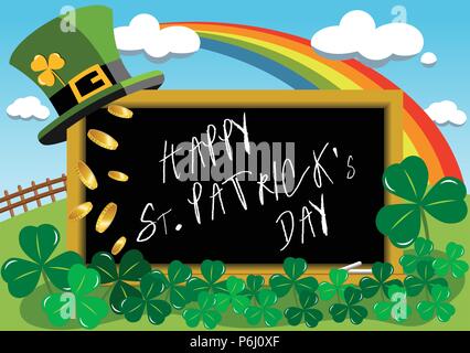 Tafel im Freien mit Saint Patricks Hut auf Rainbow goldenen Münzen und Shamrocks für Happy St. Patricks oder Saint Patrick s Day Stock Vektor