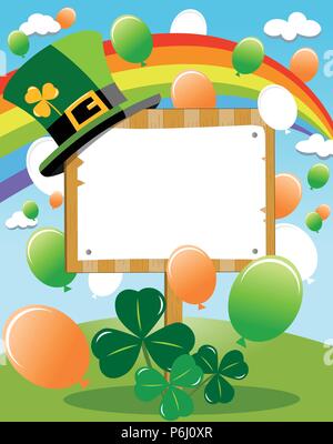 Leere Holzbrett Zeichen im Freien mit Saint Patricks hat auf der Oberseite, Regenbogen, Luftballons und Shamrocks für Happy St. Patricks oder Saint Patrick s Day invitati Stock Vektor