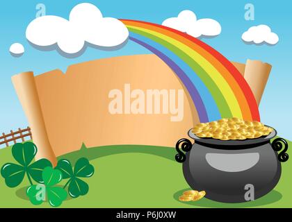 Pergament mit Saint Patricks legendären Topf voll Gold am Ende des Regenbogens für St. Patricks oder Saint Patrick s Day Einladung Karte Stock Vektor
