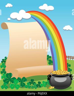 Pergament mit Saint Patricks legendären Topf voll Gold am Ende des Regenbogens für St. Patricks oder Saint Patrick s Day Einladung Karte Stock Vektor