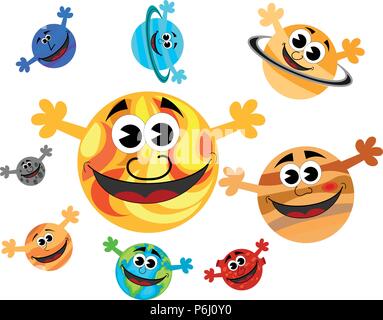 Gerne lustige Comicfiguren Planeten des Sonnensystems und die Sonne mit offenen Händen isoliert Stock Vektor