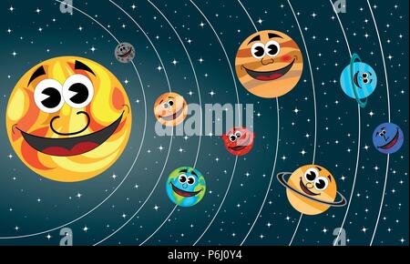 Happy cartoon Planeten des Sonnensystems umkreisen die Sonne in den Raum Stock Vektor